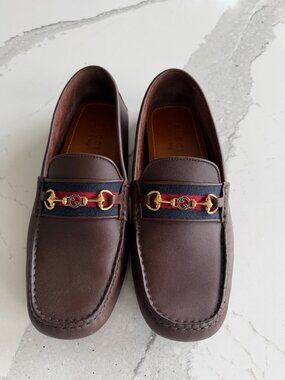 Gucci Men's Brown Leather Web Horsebit Slip On Loafers Size 8